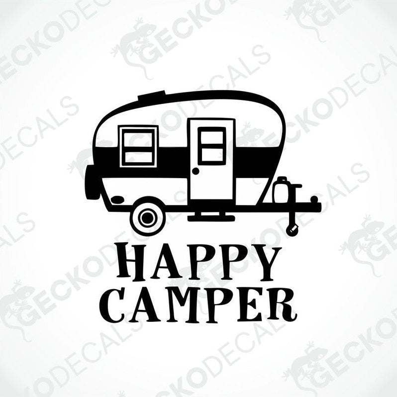 Black HAPPY CAMPER retro camper trailer die-cut decal on transfer paper