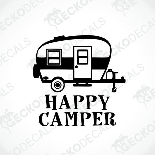 Black HAPPY CAMPER retro camper trailer die-cut decal on transfer paper