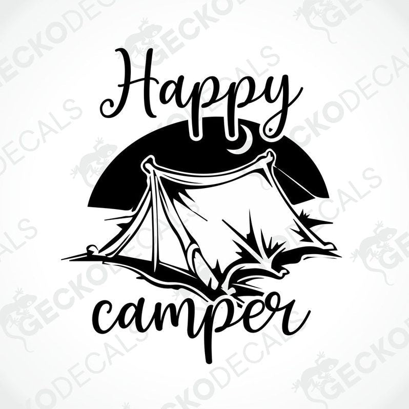 Black Happy Camper die-cut decal with cursive text and tent silhouette on white background