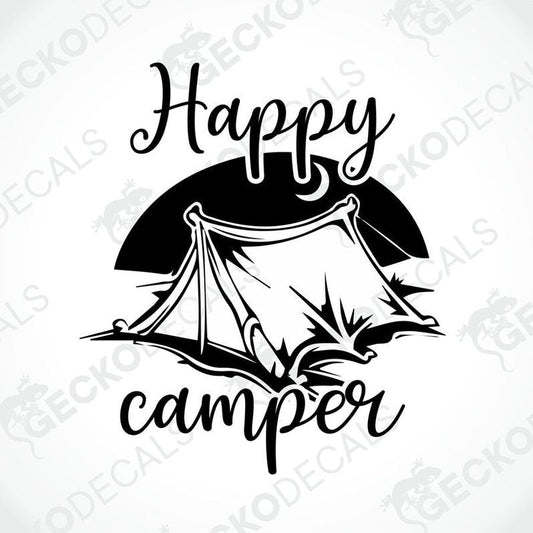 Black Happy Camper die-cut decal with cursive text and tent silhouette on white background