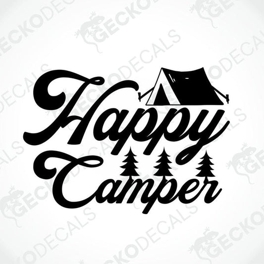 Black Happy Camper die-cut decal with tent and pine trees for camper or car