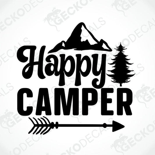 Black Happy CAMPER die-cut decal with mountain tree arrow design for car or laptop