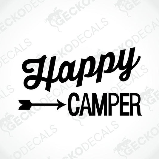 Black Happy Camper die-cut decal with arrow text for camper interior or exterior