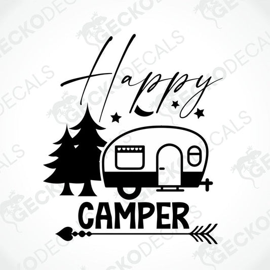 Black Happy Camper die-cut decal with retro trailer, trees and arrow on transfer paper