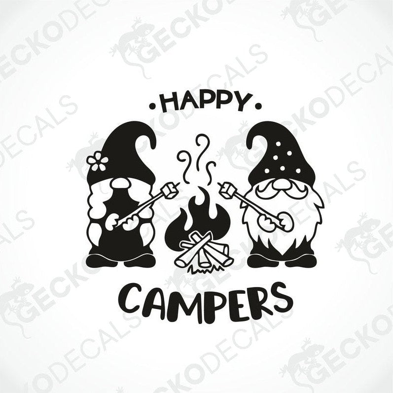 Happy Campers black die-cut decal with two gnomes roasting marshmallows by a campfire