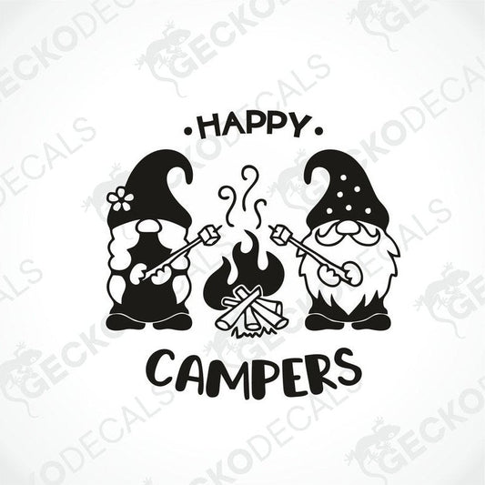 Happy Campers black die-cut decal with two gnomes roasting marshmallows by a campfire