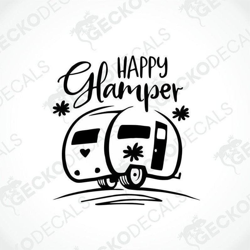 Black HAPPY GLAMPER die-cut decal with vintage camper and floral design on transfer paper