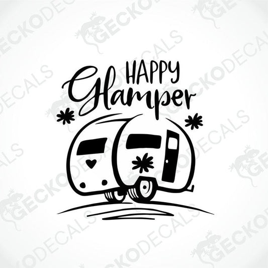 Black HAPPY GLAMPER die-cut decal with vintage camper and floral design on transfer paper