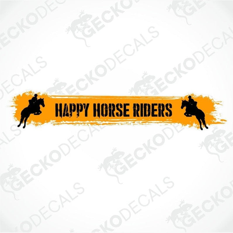 A white vehicle decal with the text 'HAPPY HORSE RIDERS' and a graphic of a horse and rider on it.