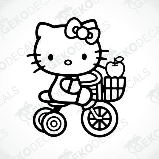 A black and white line drawing of Hello Kitty riding a bicycle with an apple on the handlebar.