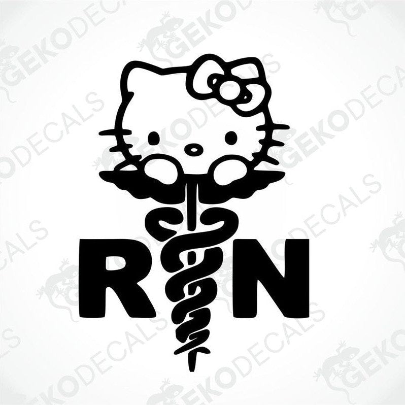 A die cut sticker design featuring Hello Kitty with a medical caduceus symbol, resembling an 'RN' initial, suitable for car decals.