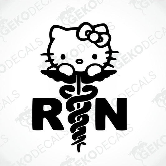 A die cut sticker design featuring Hello Kitty with a medical caduceus symbol, resembling an 'RN' initial, suitable for car decals.