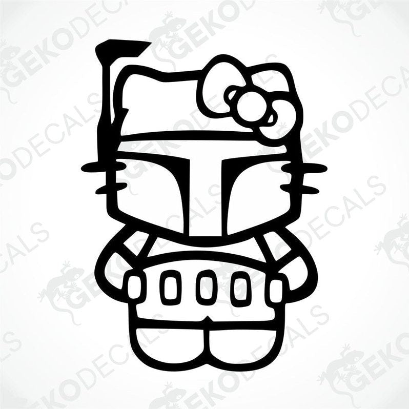 A black and white line drawing of Hello Kitty wearing a bounty hunter helmet.