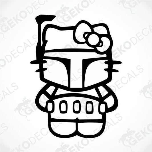 A black and white line drawing of Hello Kitty wearing a bounty hunter helmet.