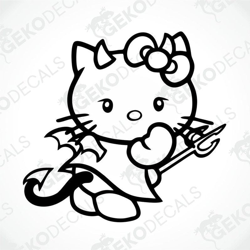 A black and white sticker of Hello Kitty with a flower on her head and a muffin in her hand.