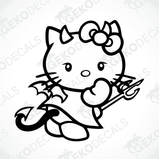 A black and white sticker of Hello Kitty with a flower on her head and a muffin in her hand.