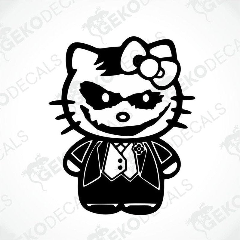 A black and white sticker of Hello Kitty wearing a suit and tie with a flower on top.