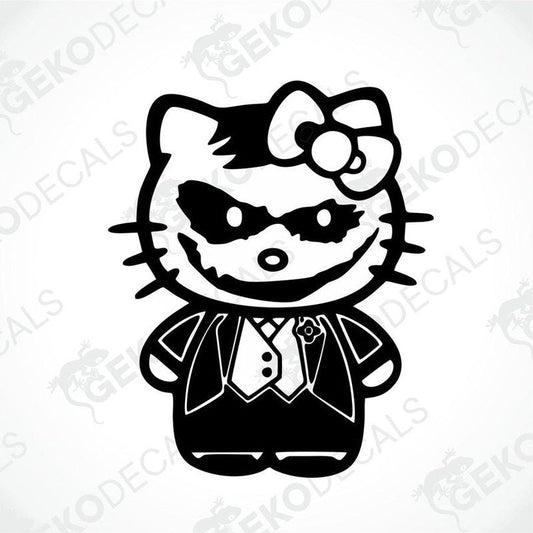 A black and white sticker of Hello Kitty wearing a suit and tie with a flower on top.