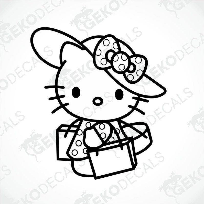 A black and white line drawing of Hello Kitty wearing a hat and holding a suitcase.