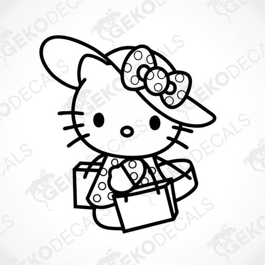 A black and white line drawing of Hello Kitty wearing a hat and holding a suitcase.