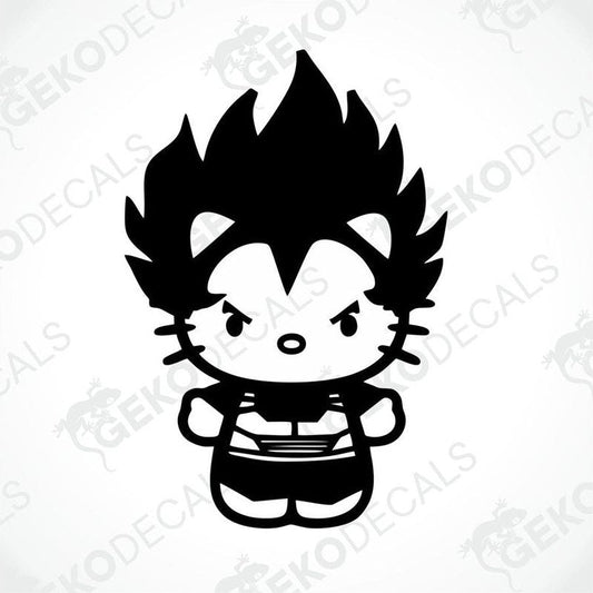 A black and white sticker of Hello Kitty with a fierce expression, designed for use as a car decal.