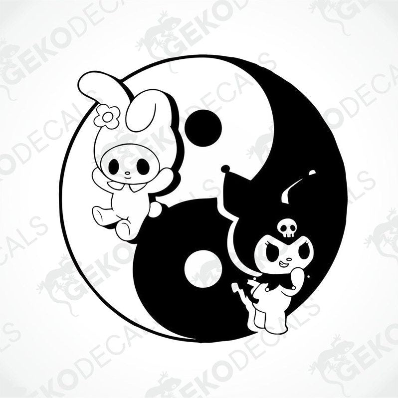A black and white sticker of Hello Kitty with a yin-yang symbol in the background.
