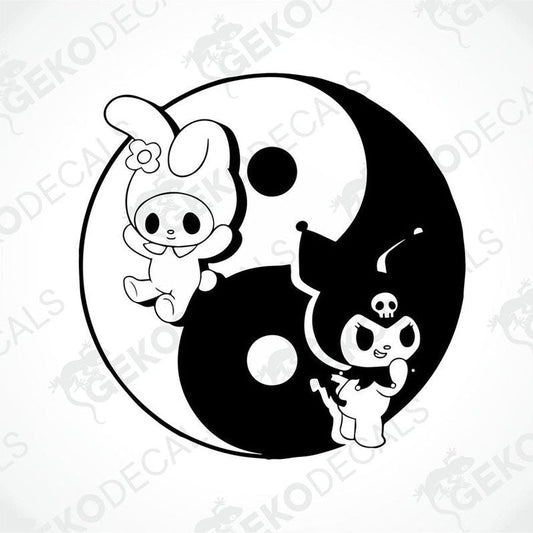 A black and white sticker of Hello Kitty with a yin-yang symbol in the background.
