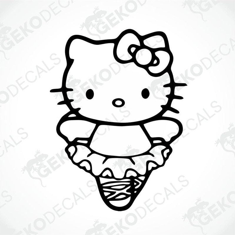A black and white line drawing of Hello Kitty with a flower on her head.