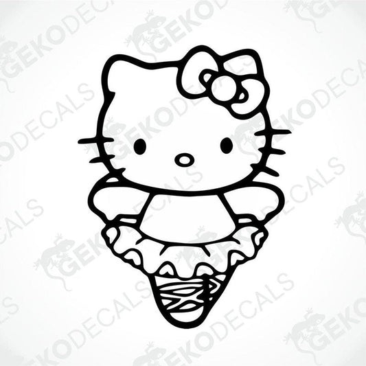 A black and white line drawing of Hello Kitty with a flower on her head.