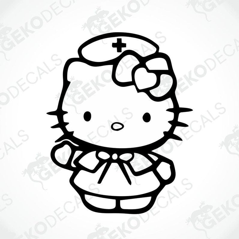 A die cut sticker of Hello Kitty dressed as a nurse, with black outline and no fill color, on a transfer paper background.