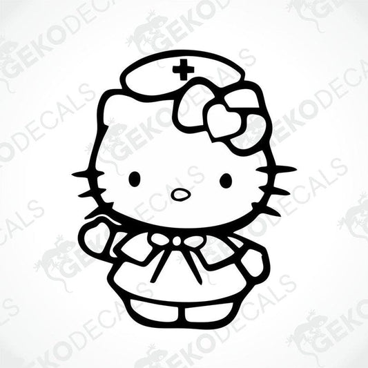 A die cut sticker of Hello Kitty dressed as a nurse, with black outline and no fill color, on a transfer paper background.