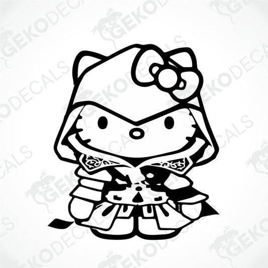 A black and white sticker of Hello Kitty wearing a costume resembling a samurai.