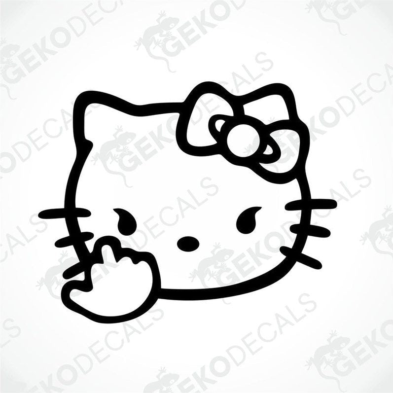 A black and white line drawing of Hello Kitty giving a finger gesture.