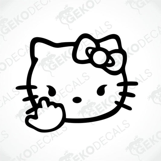 A black and white line drawing of Hello Kitty giving a finger gesture.