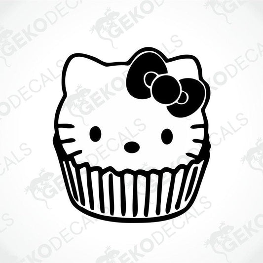 A black and white image of a Hello Kitty sticker, with a bow on top of her head.