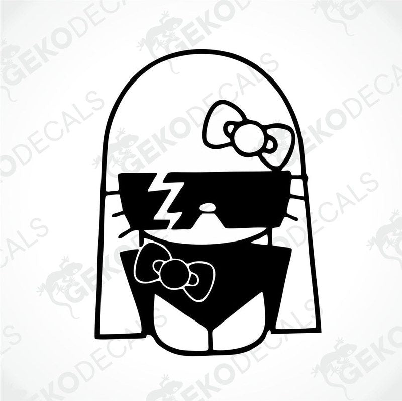 A black and white sticker of Hello Kitty wearing sunglasses and a bow tie.