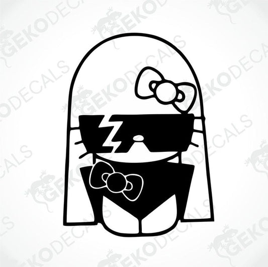 A black and white sticker of Hello Kitty wearing sunglasses and a bow tie.