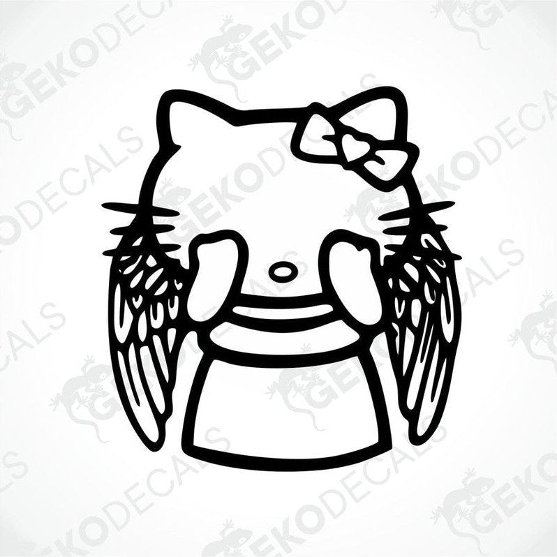 A die cut sticker of Hello Kitty with angel wings and a bow.