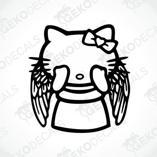 A die cut sticker of Hello Kitty with angel wings and a bow.