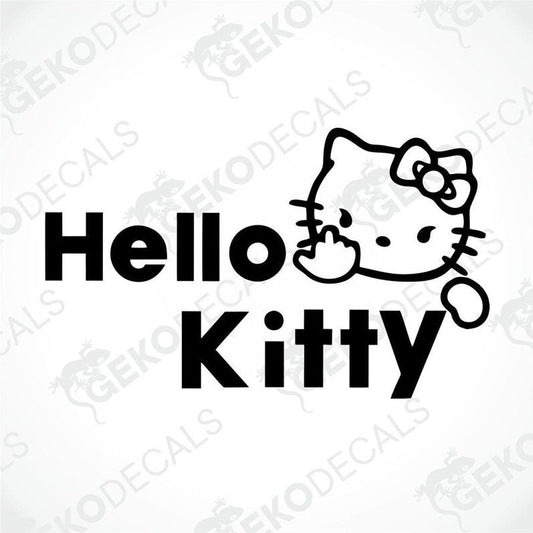 A black and white sticker of Hello Kitty making a peace sign.
