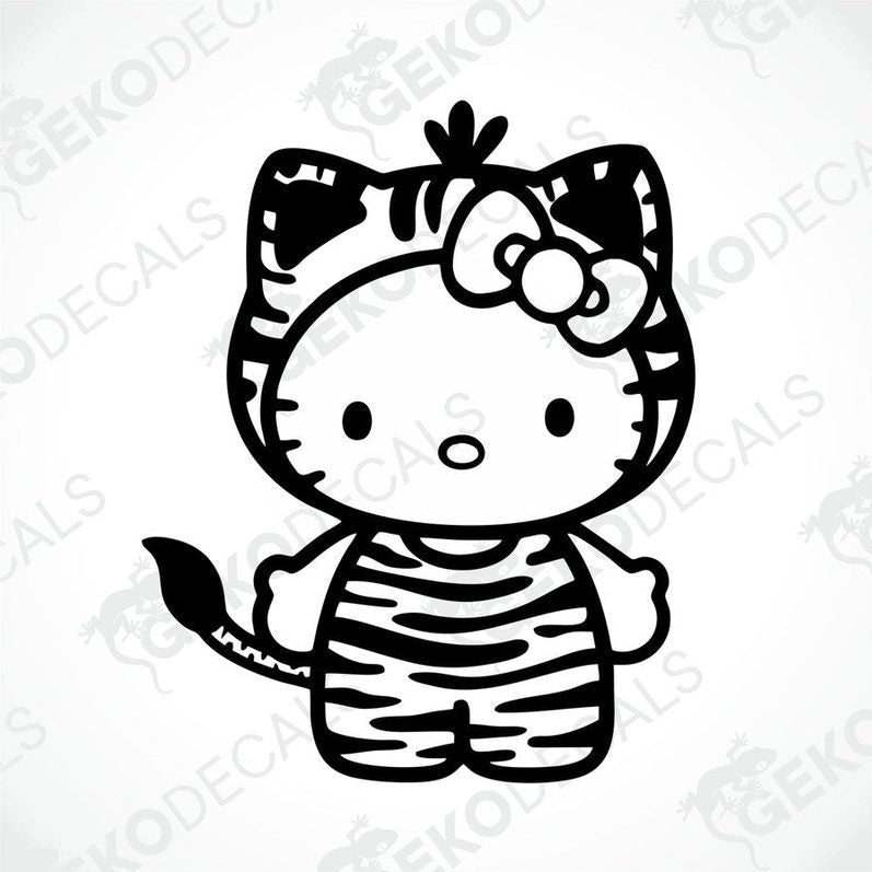 A die cut sticker of Hello Kitty character with a zebra print design.