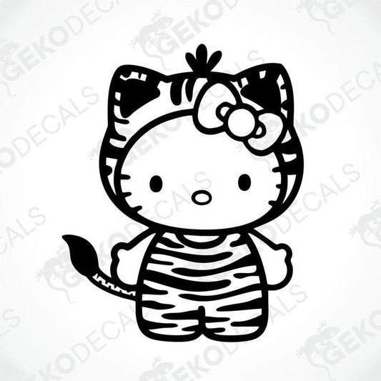 A die cut sticker of Hello Kitty character with a zebra print design.