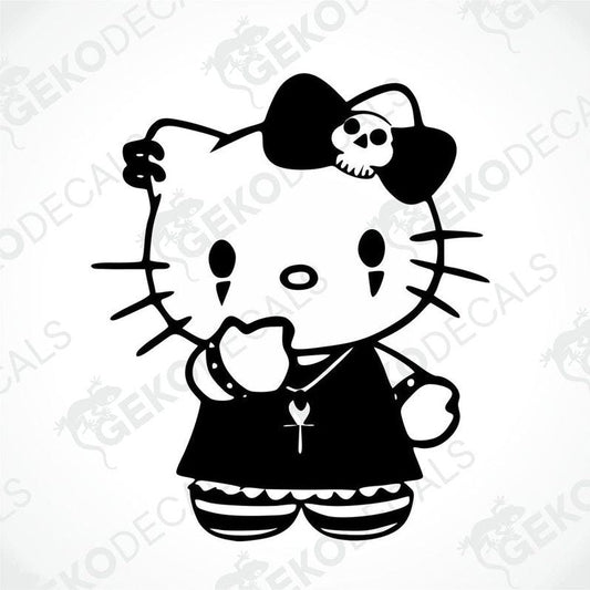 A die cut sticker of Hello Kitty with a black and white design, featuring Hello Kitty wearing a skull bow tie.