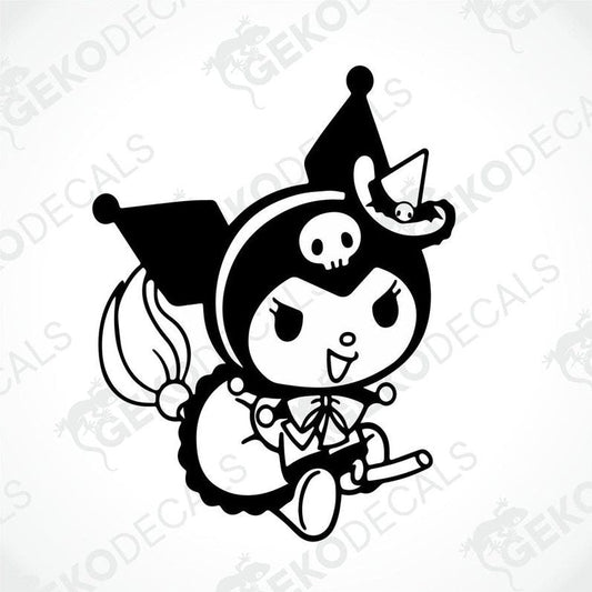 A die cut sticker of Hello Kitty character dressed in black with a skull motif, suitable for use on cars or other surfaces.