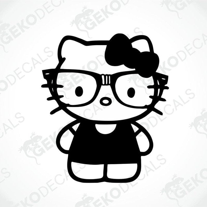 A die cut sticker of Hello Kitty wearing glasses and a bow.