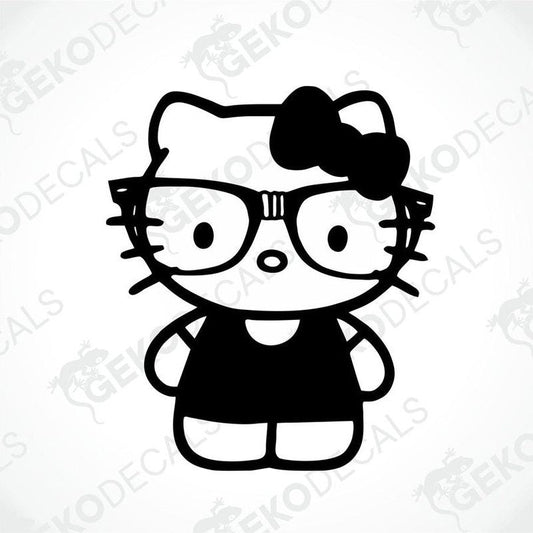 A die cut sticker of Hello Kitty wearing glasses and a bow.