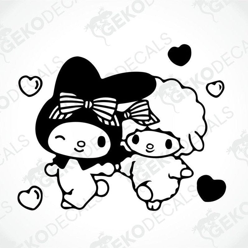 A die cut sticker design featuring Hello Kitty and a sheep with hearts and clouds, primarily in black and white.