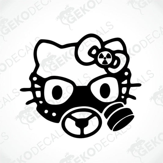 A die cut sticker depicting Hello Kitty with a steering wheel and gas mask design, primarily black in color.