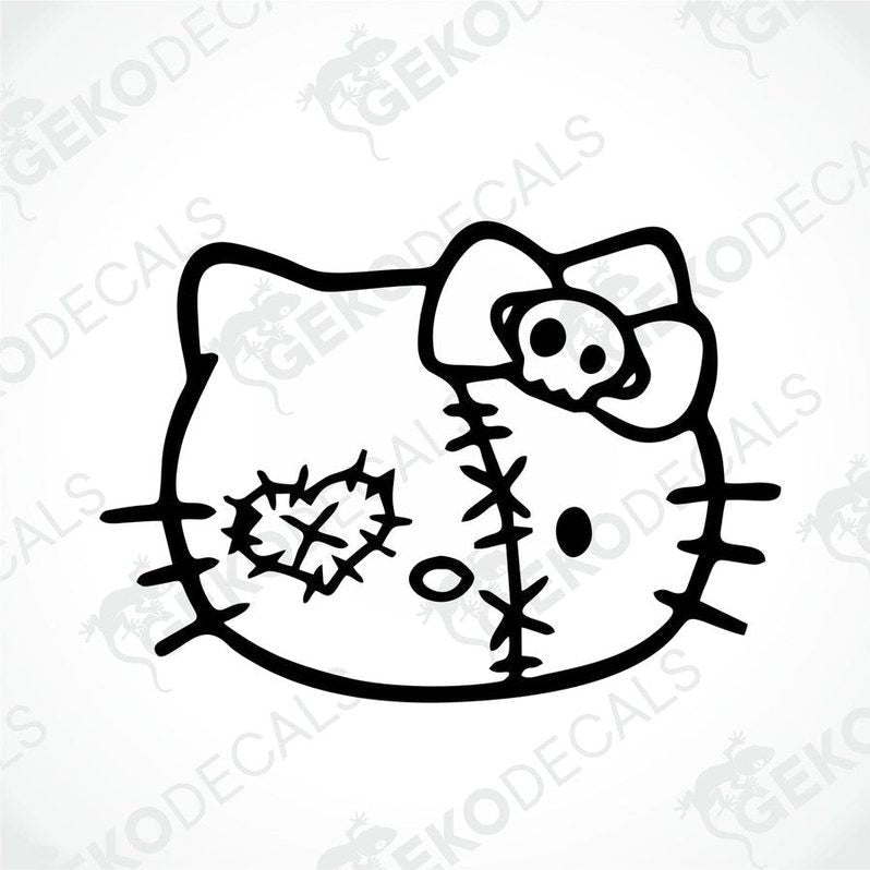 A die cut sticker depicting a stylized Hello Kitty character with a skull-themed bow, suitable for use as a car decal.