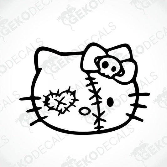A die cut sticker depicting a stylized Hello Kitty character with a skull-themed bow, suitable for use as a car decal.